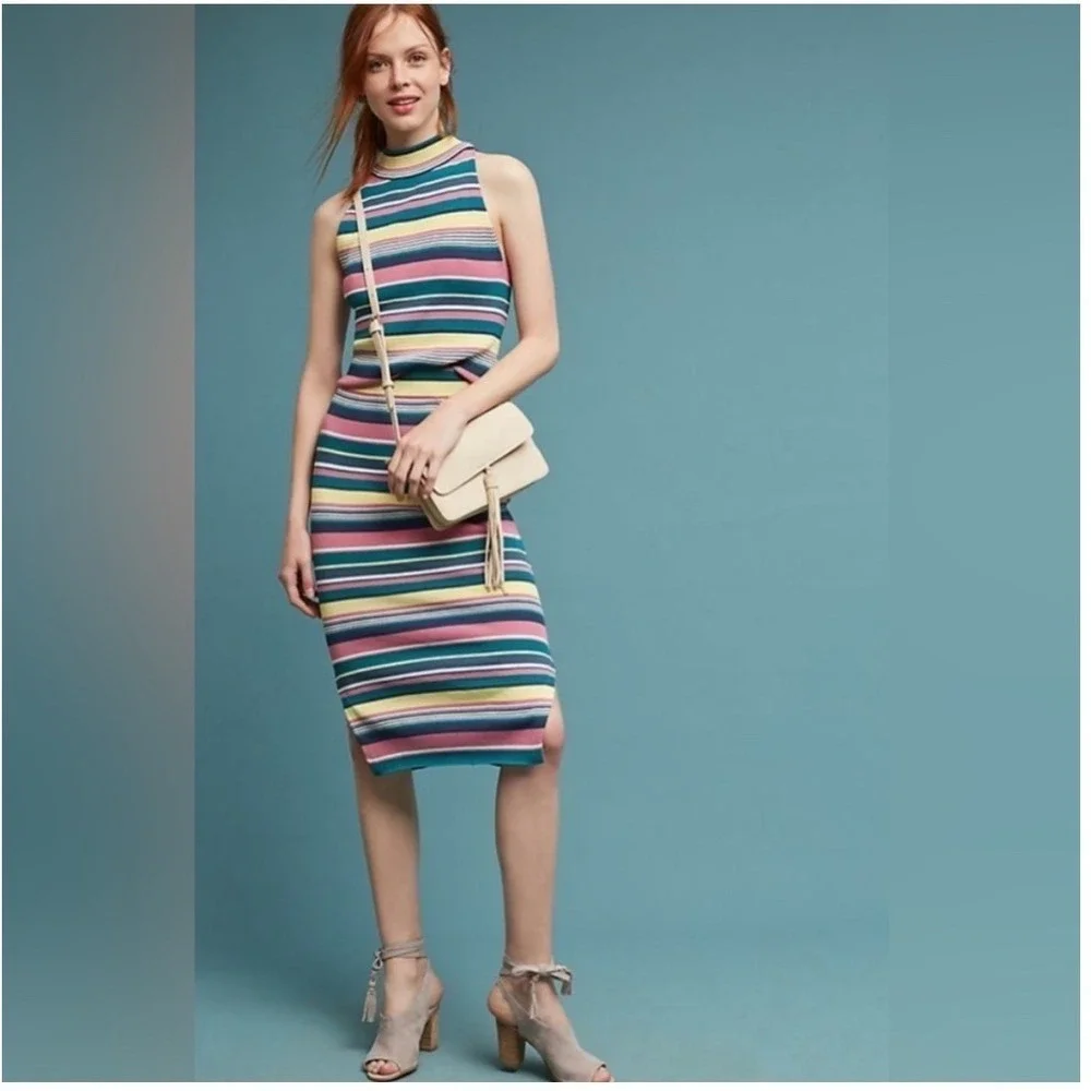 Maeve Anthropologie Lana Striped Knit Mock Neck Sleeveless Midi Dress Set Size M